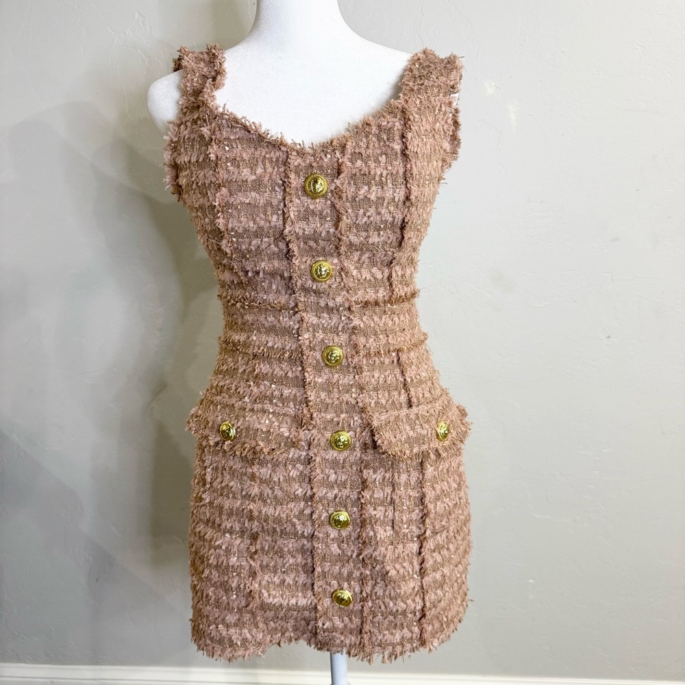 Cool line S Blush tweed Textured Sleeveless Button-Front Dress